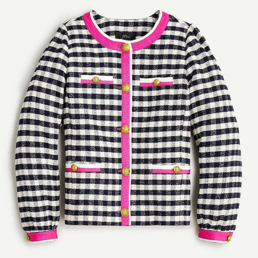 NWT J.Crew Grosgrain-trim Lady Jacket in Navy Ivory Check Gingham Tweed 8